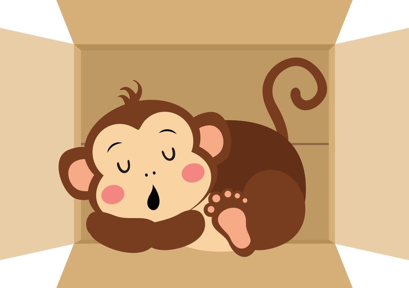 Cute monkey sleeping in cardboard box vector