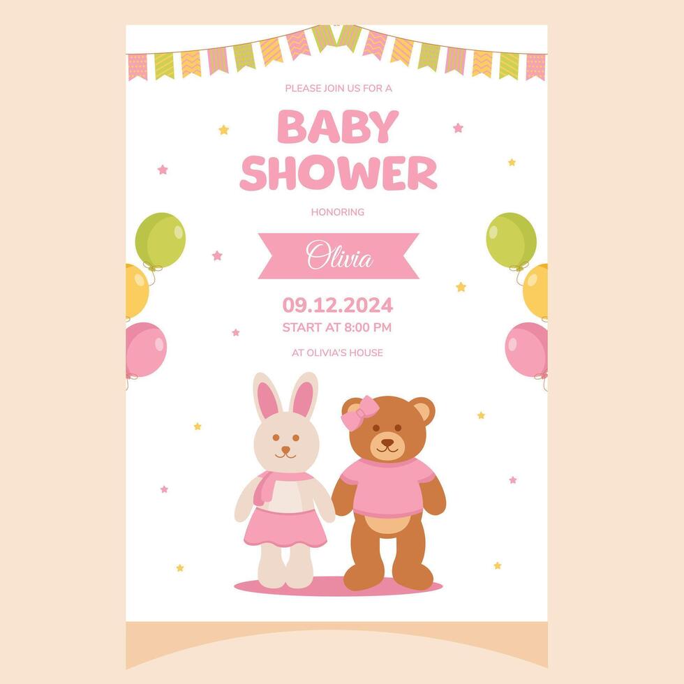 Baby shower party invitation. It's a girl. Invitation with baby bunny toy and teddy bear toy. Template for party invitation, poster, greeting card. vector