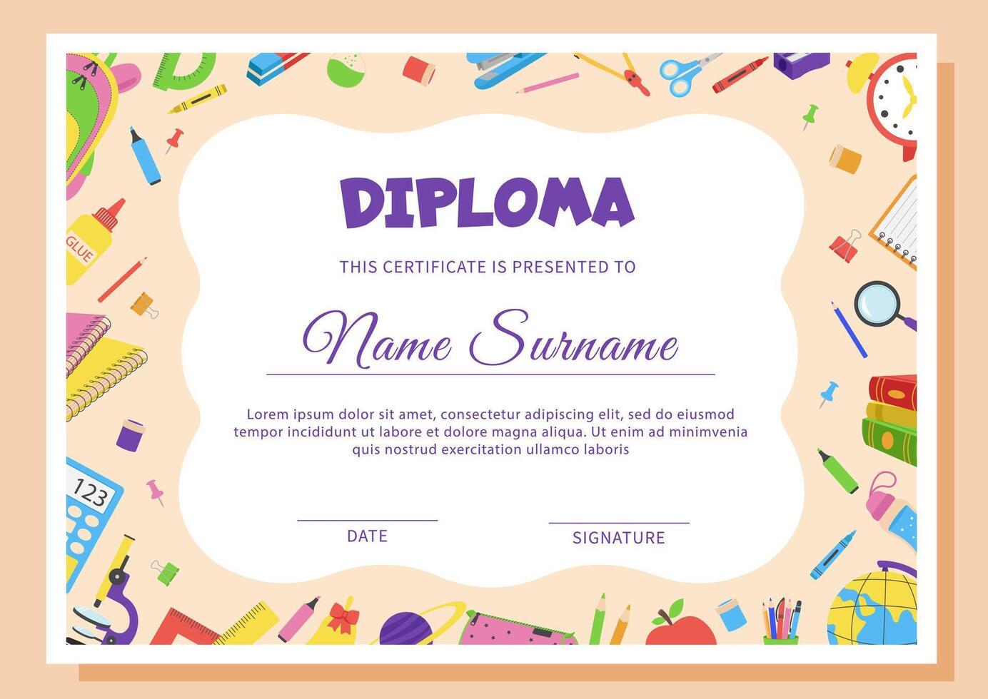 School diploma, certificate template with school supplies. vector