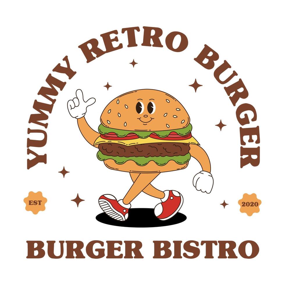 Retro logo mascot with burger. Groovy food mascot for bistro, pub, cafe menu and more. vector