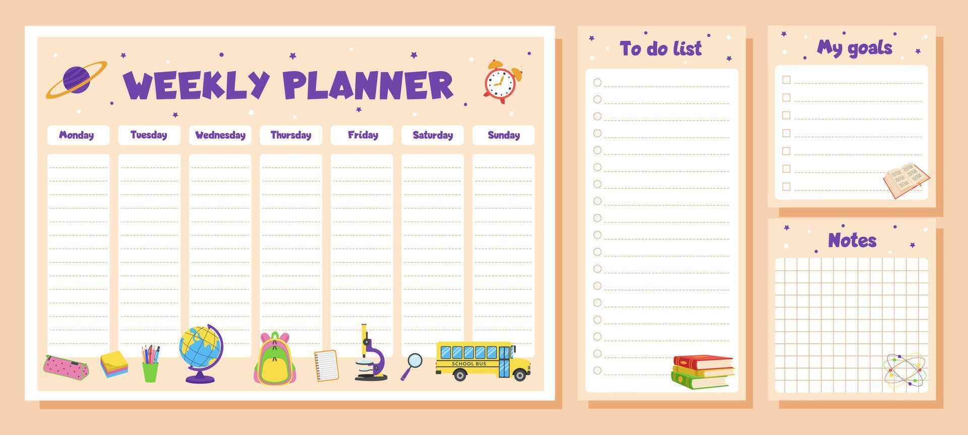 Weekly planner, to do list, notes, goals for children. School timetable, lesson schedule and organizer template with school supplies. vector