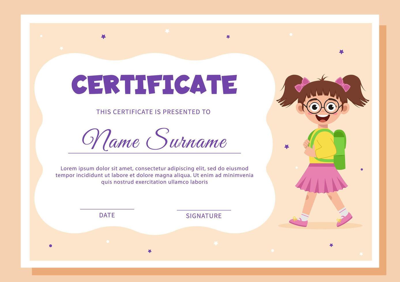 School diploma, certificate template with schoolgirl. vector