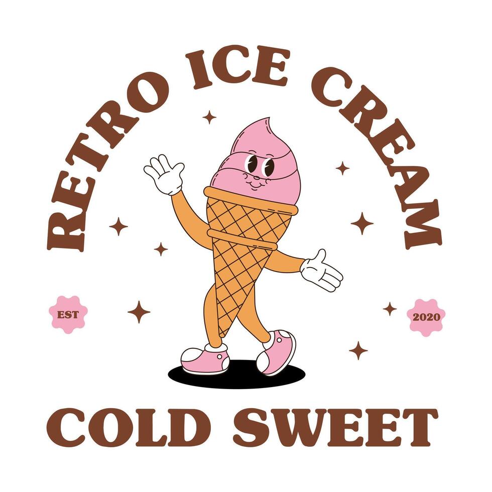 Retro logo mascot with ice cream. Groovy food mascot for bakery, pastry shop, cafe menu and more. vector