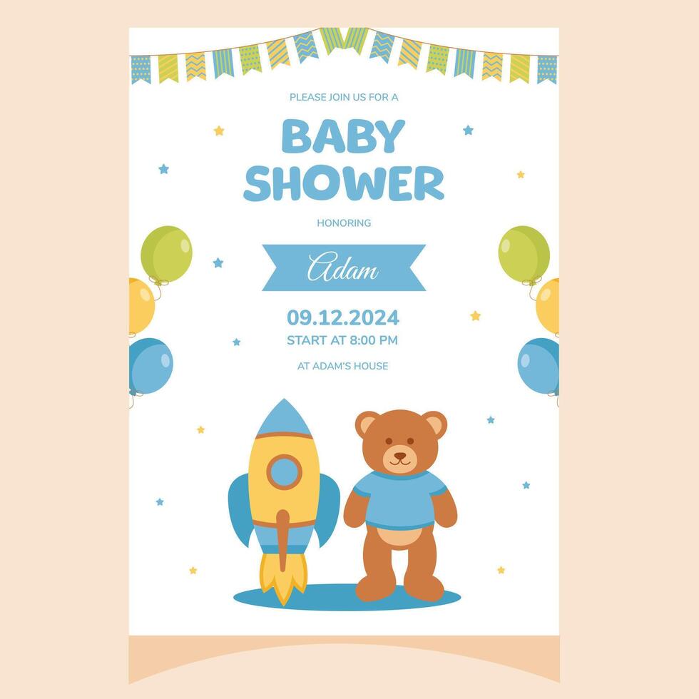 Baby shower party invitation. It's a boy. Invitation with rocket and teddy bear toy. Template for party invitation, poster, greeting card. vector