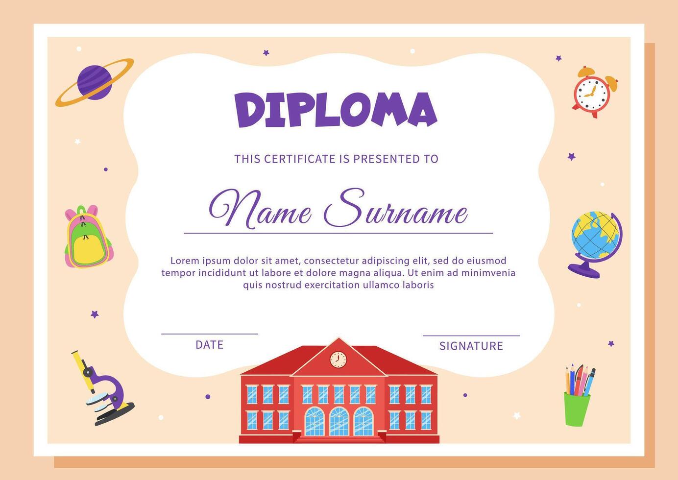 School diploma, certificate template with school and school supplies. vector