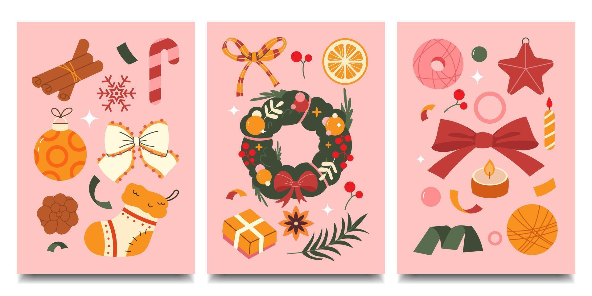 set of hand-painted Christmas and New Year cards. 3 flat style greeting cards with Christmas elements vector
