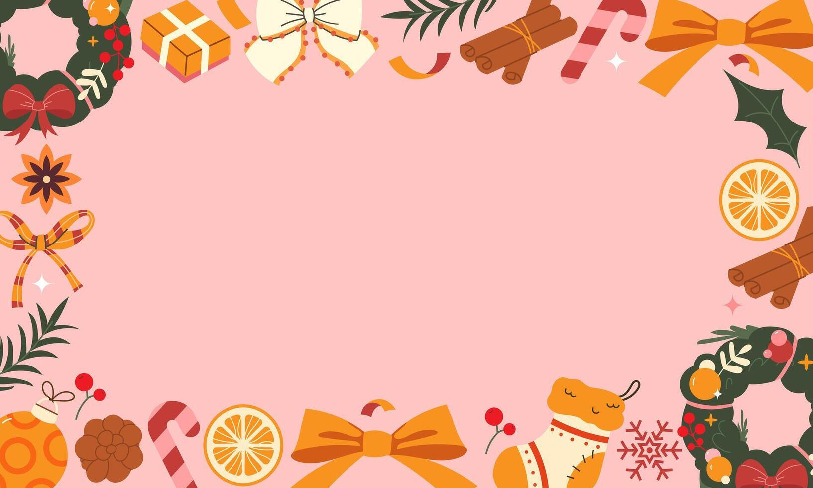 Horizontal Christmas banner with wreath, bows, toys vector