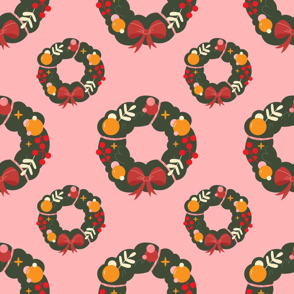 Christmas wreath seamless pattern on pink background vector