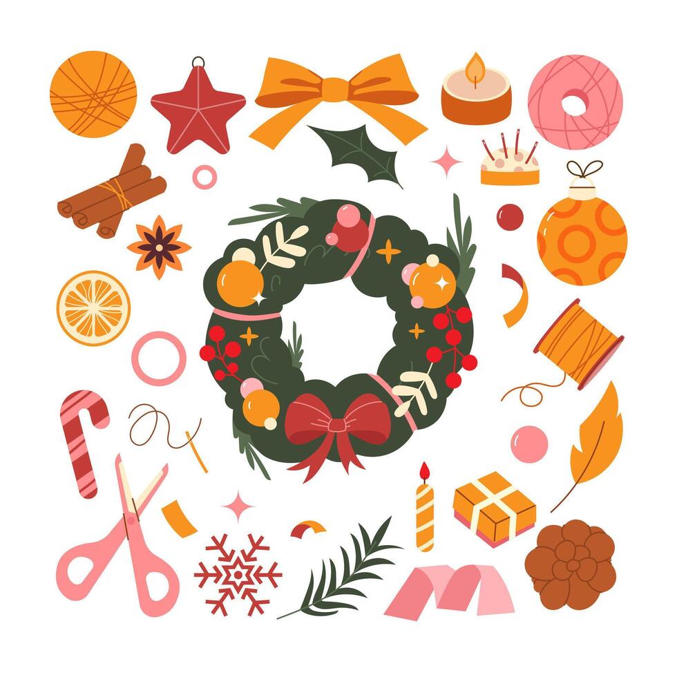 Making a Christmas wreath. Set of hand-drawn elements to create a Christmas wreath. handmade Christmas wreath vector