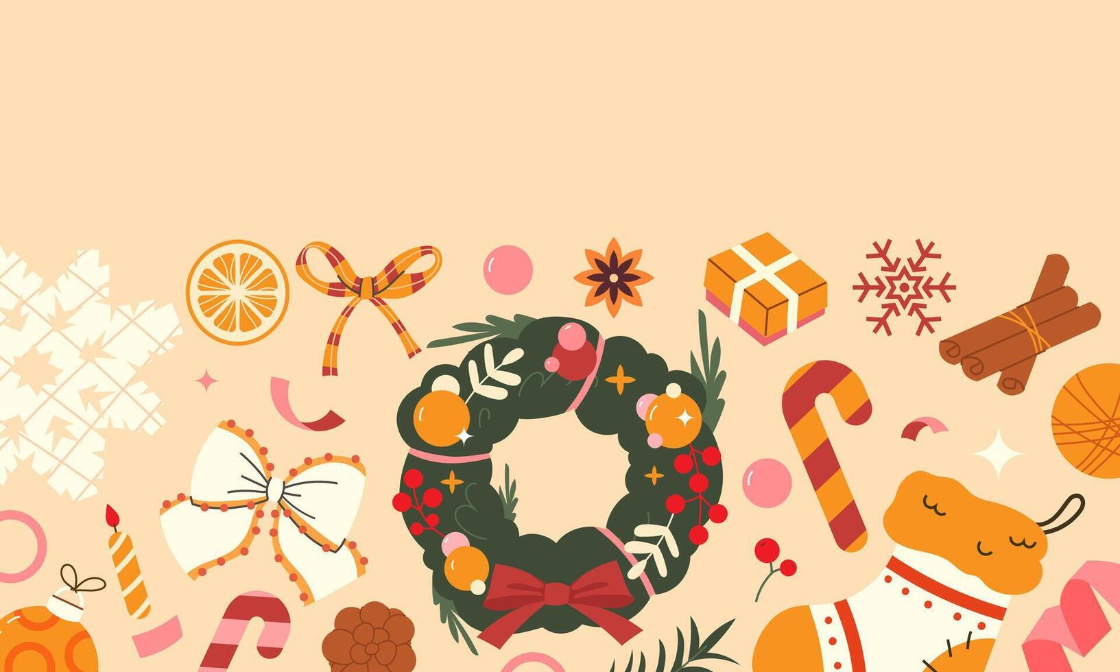Christmas web banner with DIY wreath, Christmas sock and festive decorations vector