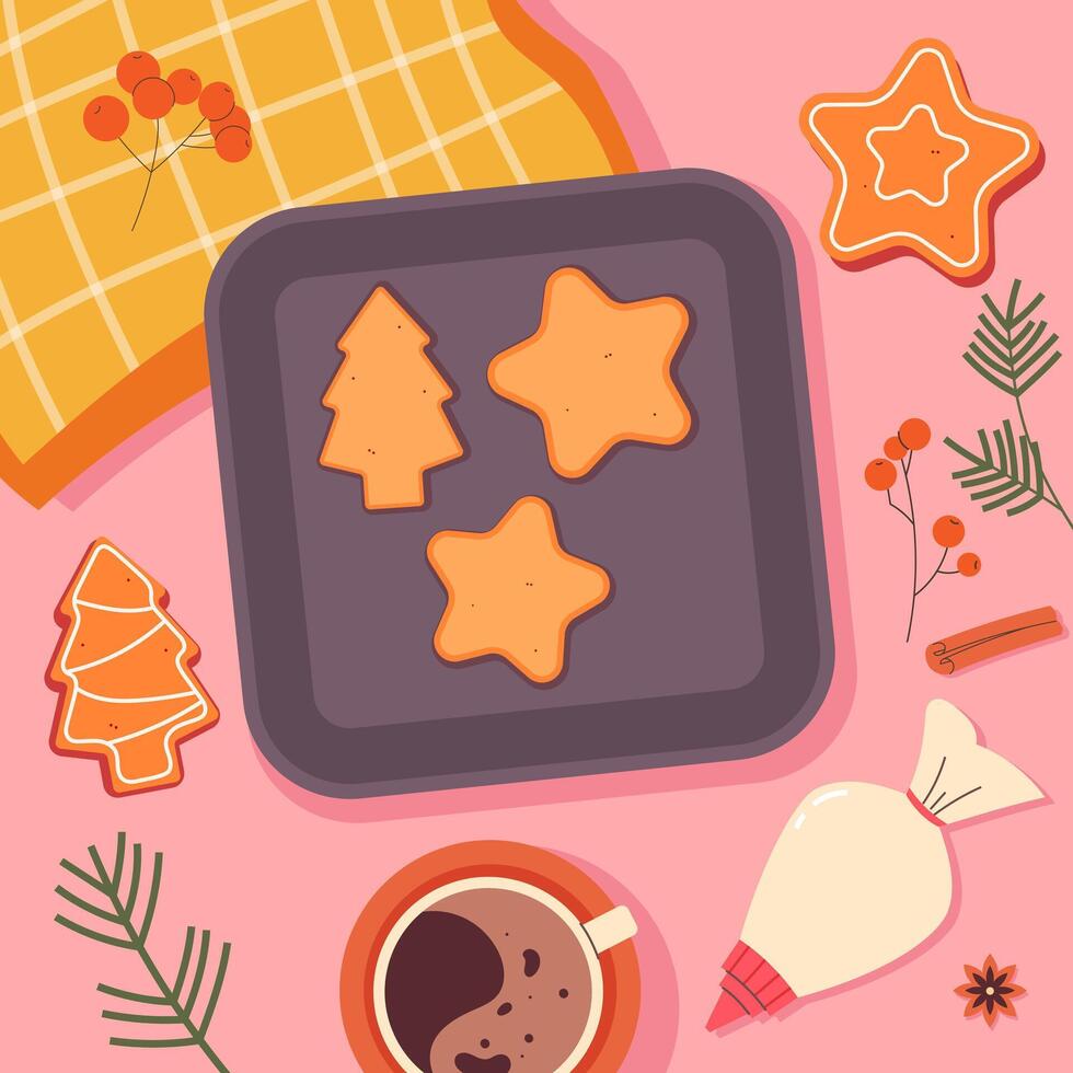 concept of making homemade biscuits. set of ingredients for making Christmas ginger biscuits vector