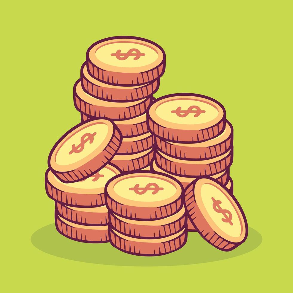 Coins stack illustration, flat coin money stacked icon flat, golden penny cash pile, treasure heap isolated vector
