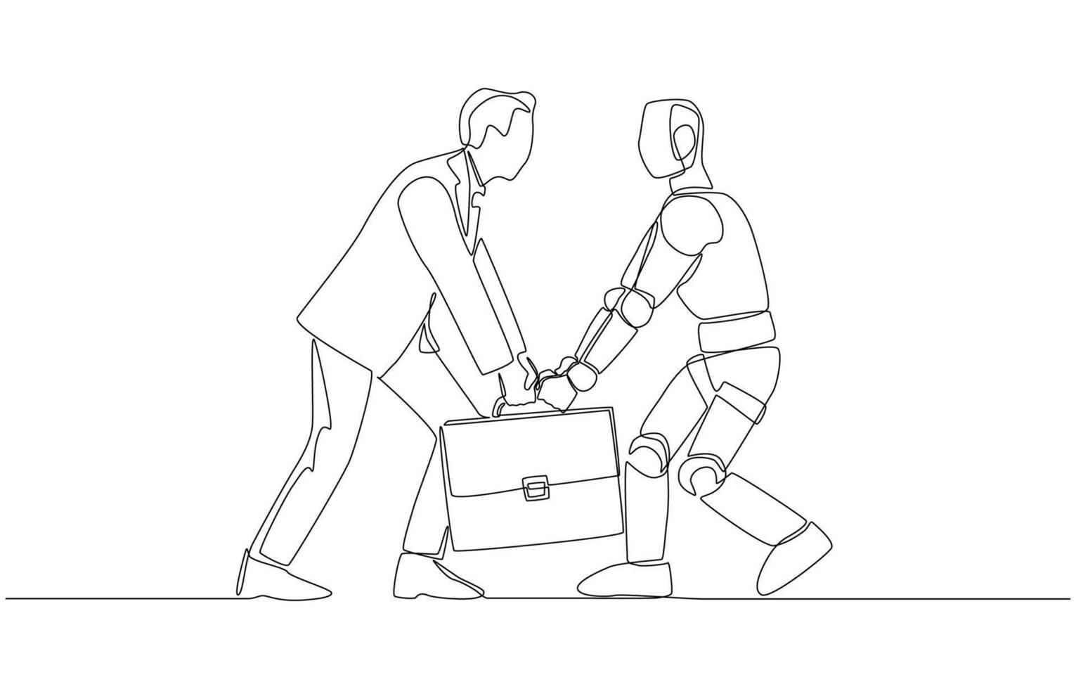 Continuous one line drawing of businessman and robot fighting over for briefcase, conflict between human and artificial intelligence in job vacancy concept, single line art. vector