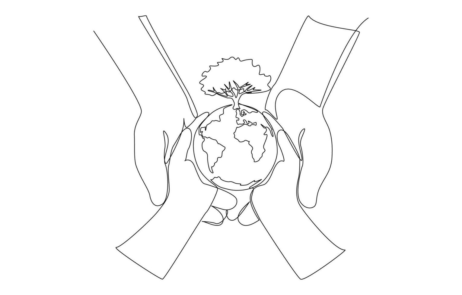 Continuous one line drawing of parent and child hands holding a globe with bountiful tree, caring for earth and environment concept, single line art. vector