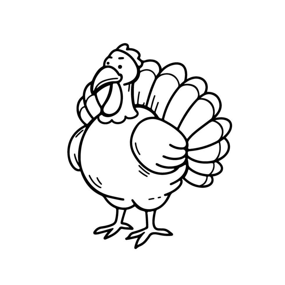 Cute colored turkey doodle. Happy Thanksgiving festive character. Bird for invitation, greeting cards. hand drawn outline illustration. vector