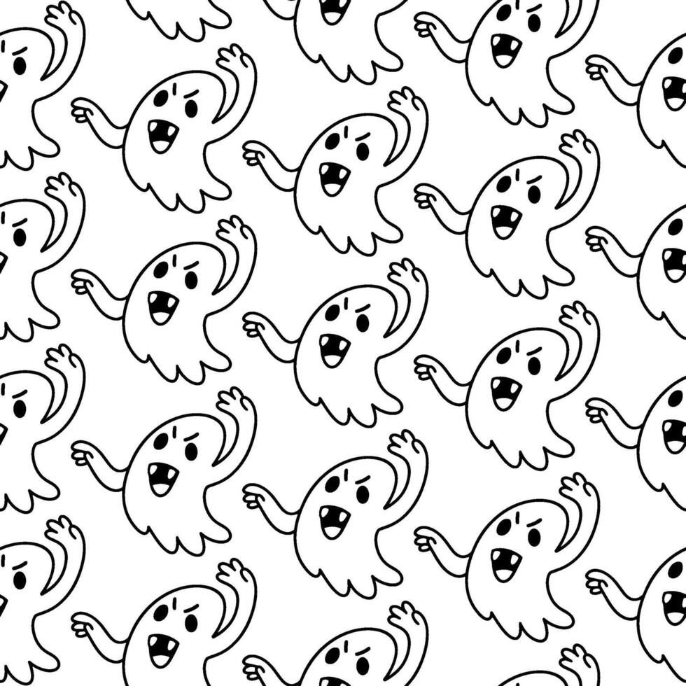 Halloween doodle ghost seamless pattern. Cute poltergeist scares others. Spooky cartoon characters. Halloween party background with monsters. Trick or Treat. illustration for wallpaper. vector