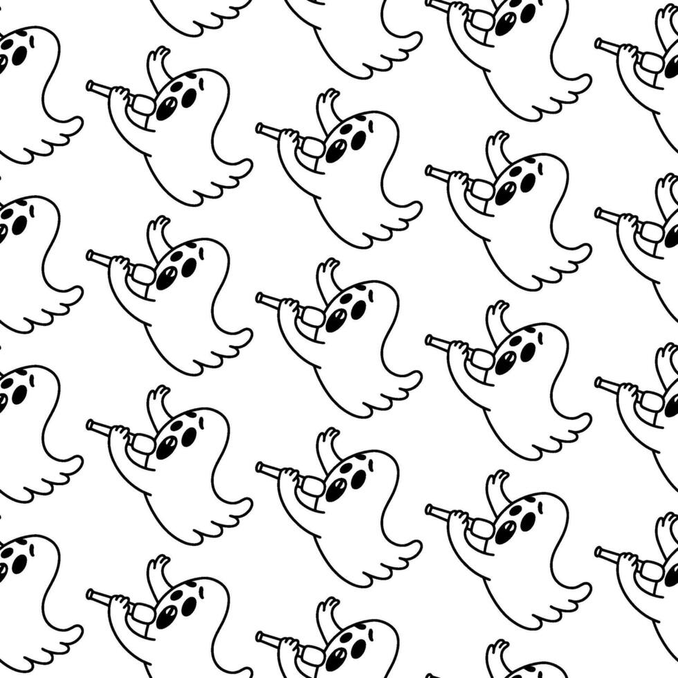 Halloween doodle ghost singer pattern. Cute spooky musical poltergeist with microphone. Spooky cartoon characters. Halloween party background with monsters. illustration for wallpaper. vector