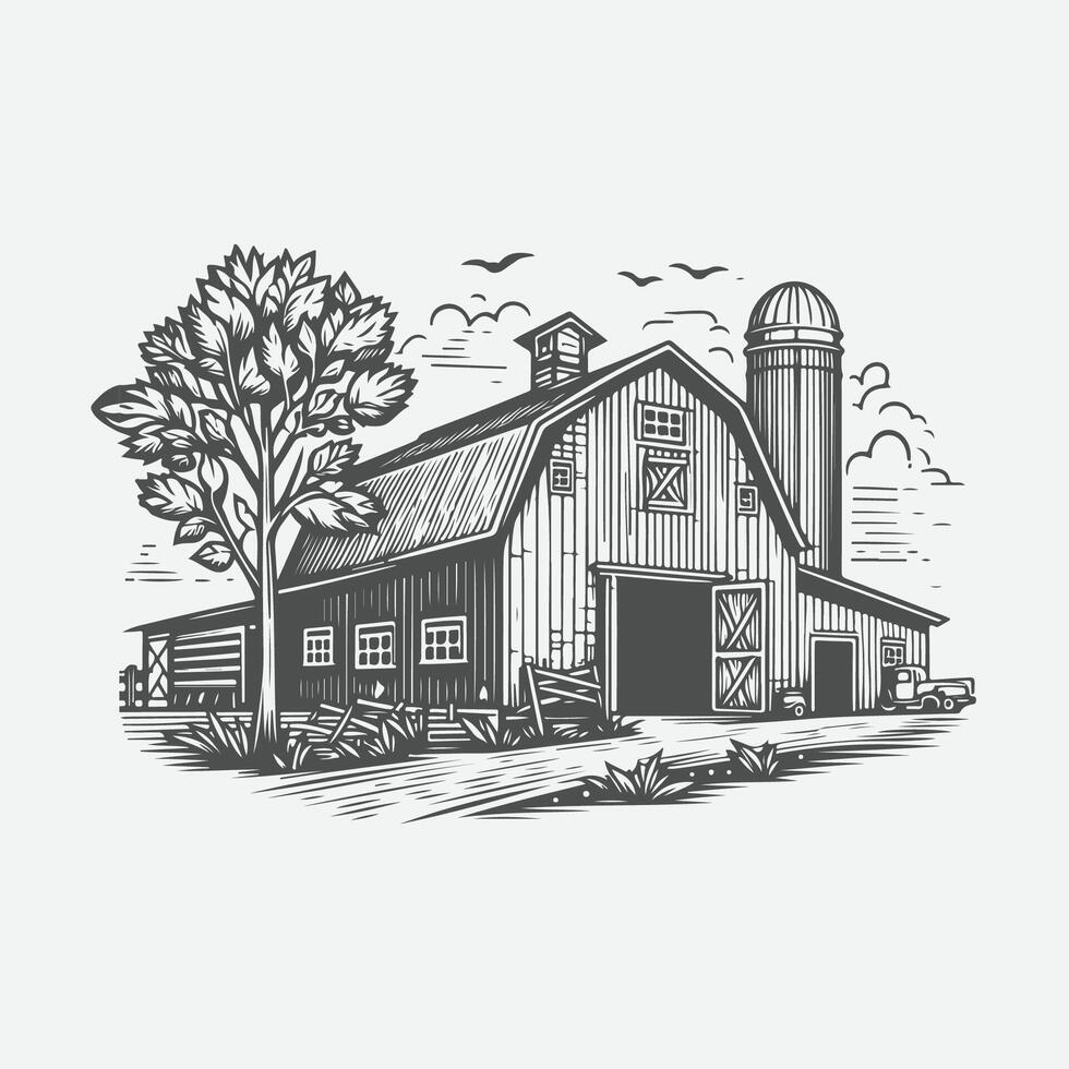 Hand Drawn Vintage Farm Scene with Tree - Classic Sketch Style vector