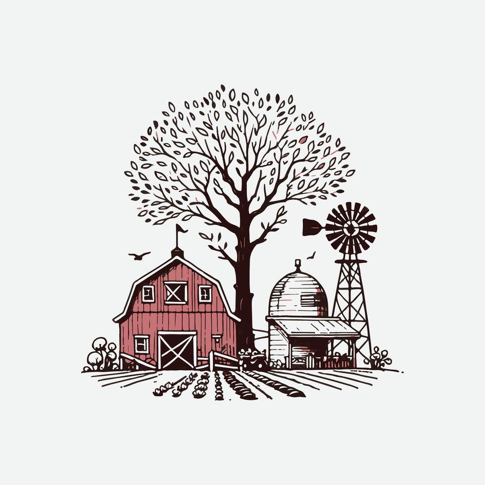Timeless Farm with Tree - Vintage Hand Drawn Countryside Sketch vector