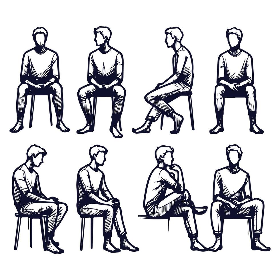 Various Man Sitting Poses Sketch vector