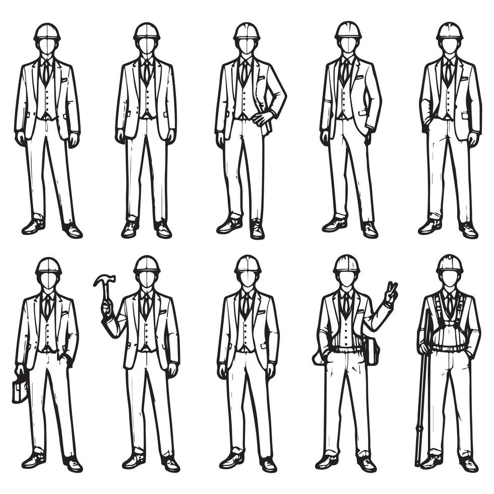 Dynamic Sketches of Man in Construction Poses vector