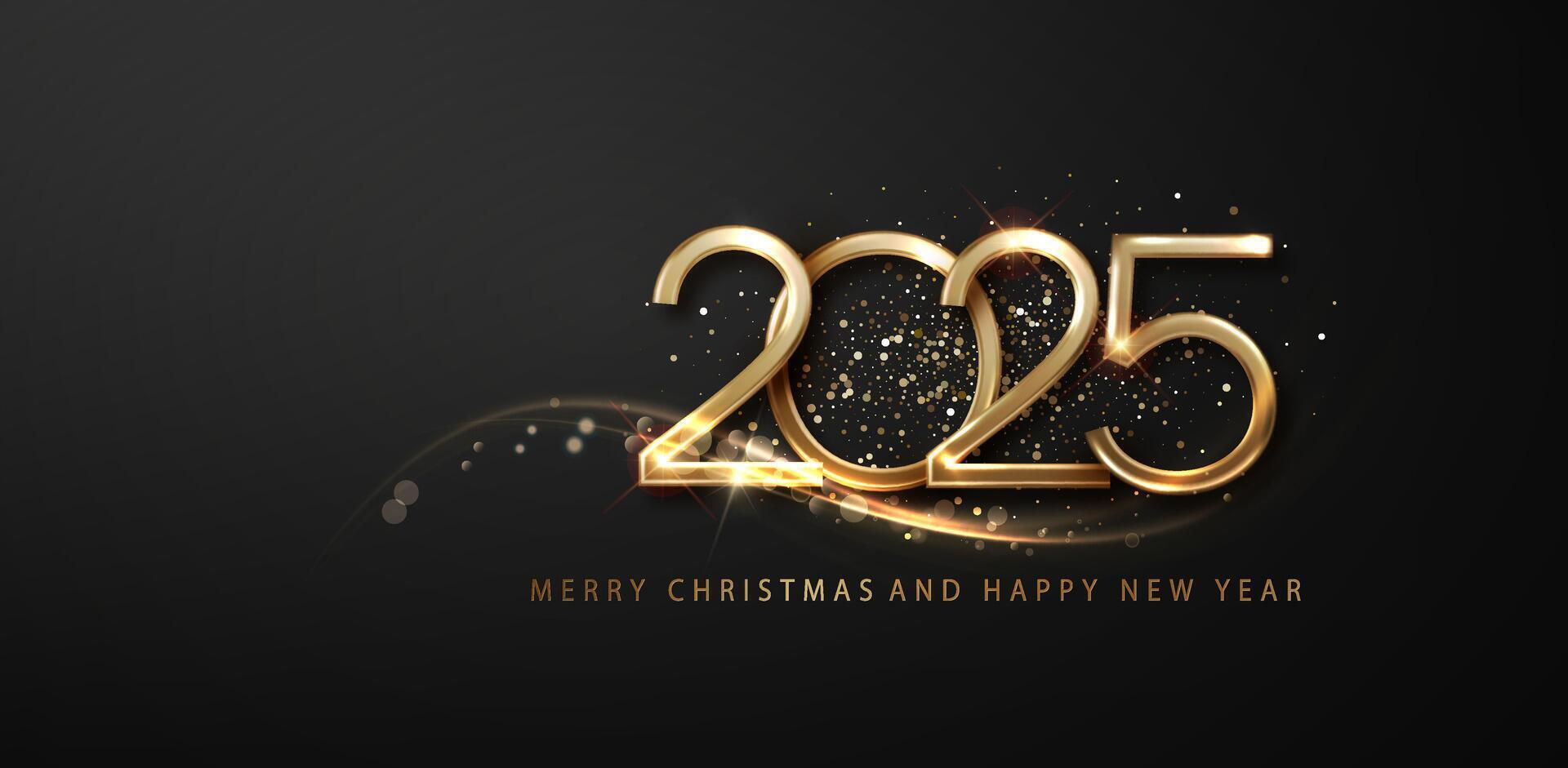 2025 New Year celebrate banner featuring dazzling and shimmering golden glitter. Christmas Holiday illustration vector
