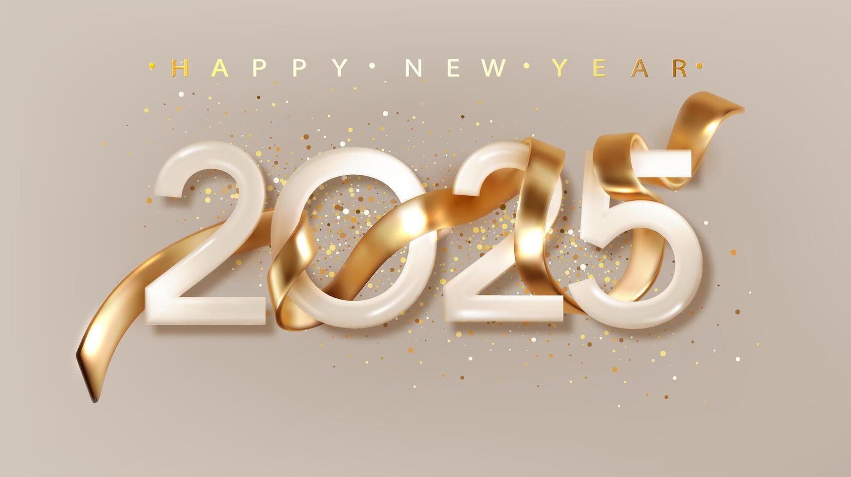 2025 Happy New Year with golden realistic ribbon. Banner for Christmas holiday. vector