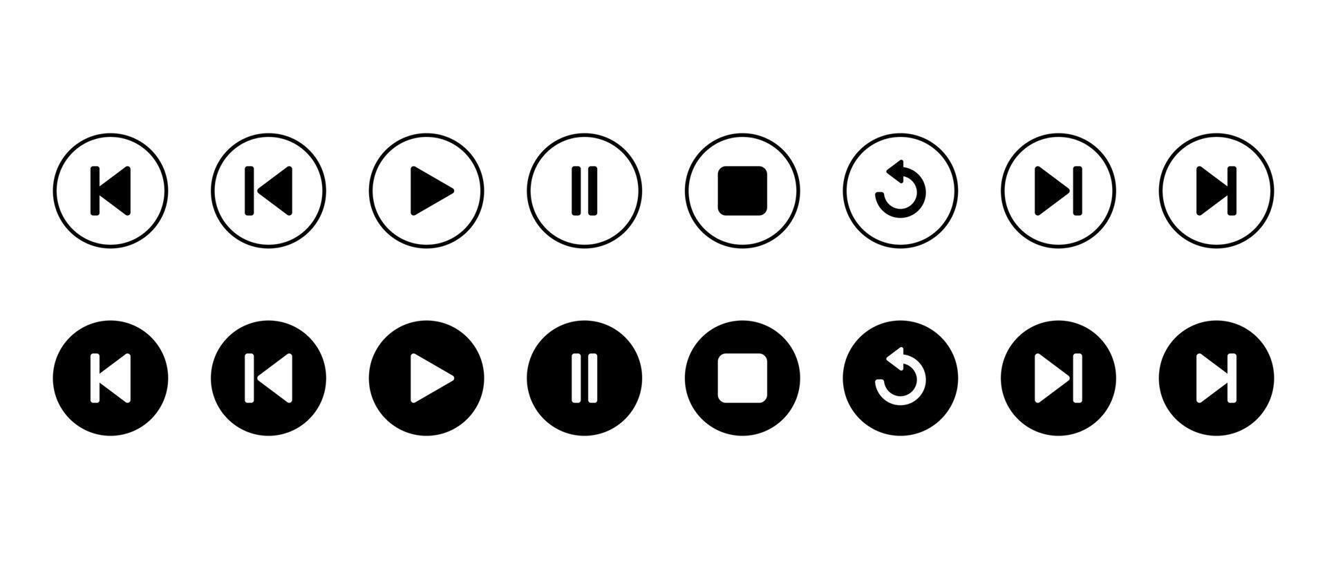 Previous, play, pause, stop, repeat, and next track icon on black circle. Media player control illustration vector
