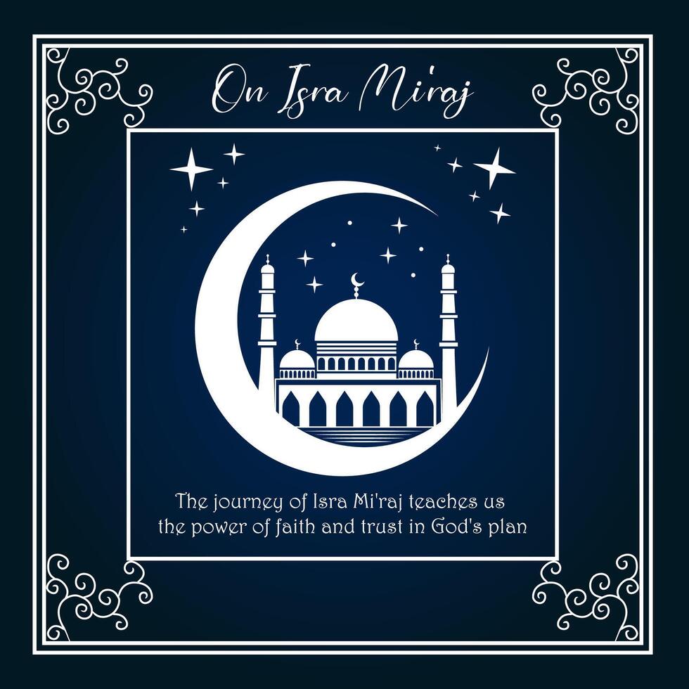 Isra Miraj Islamic night greeting card with arabesque border and arch frames vector