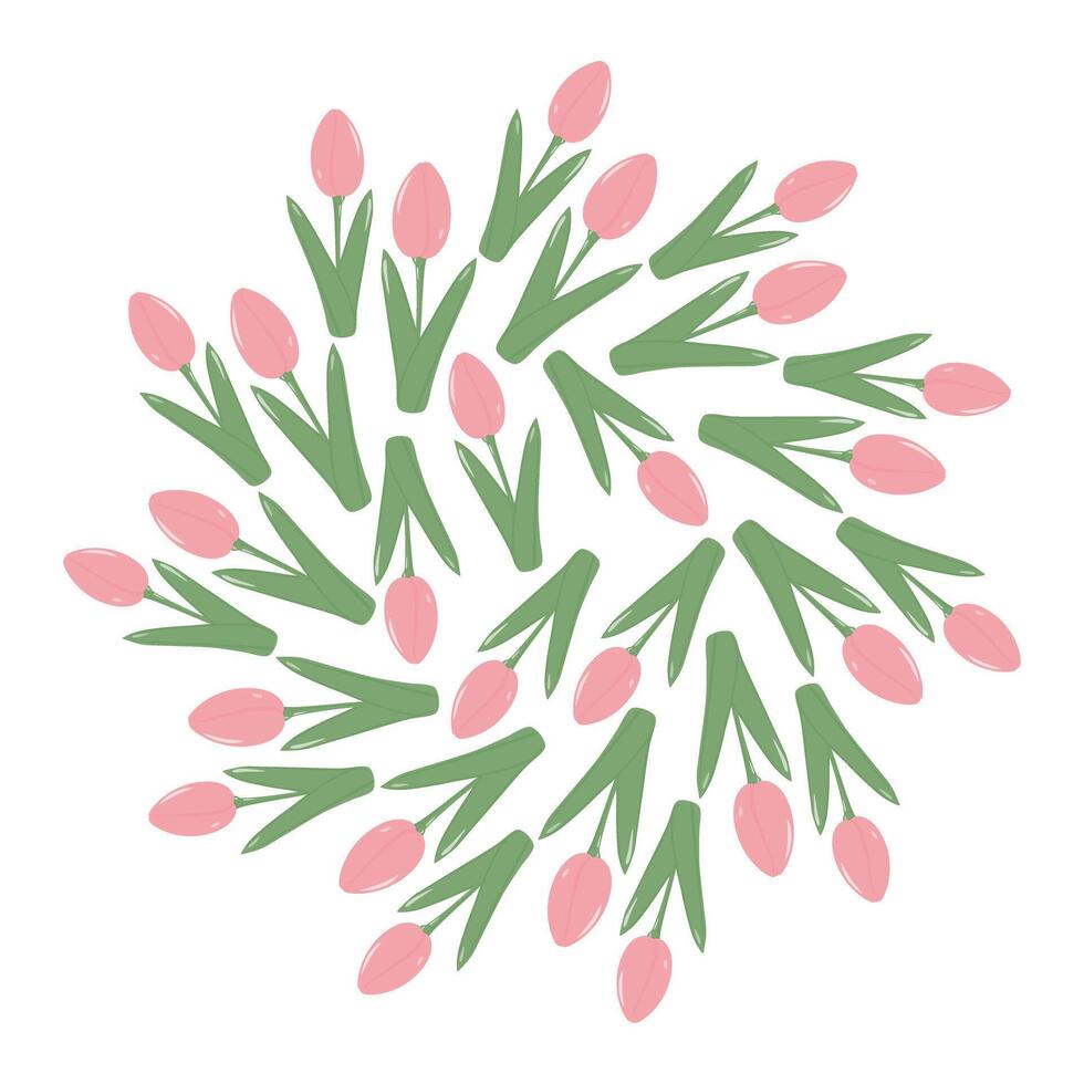 Tulips in trendy soft shades Circle background texture. Spring time greetings or wallpaper template. Isolated illustration Thematic cards, posters, leaflets, banner, price, label or web promo vector