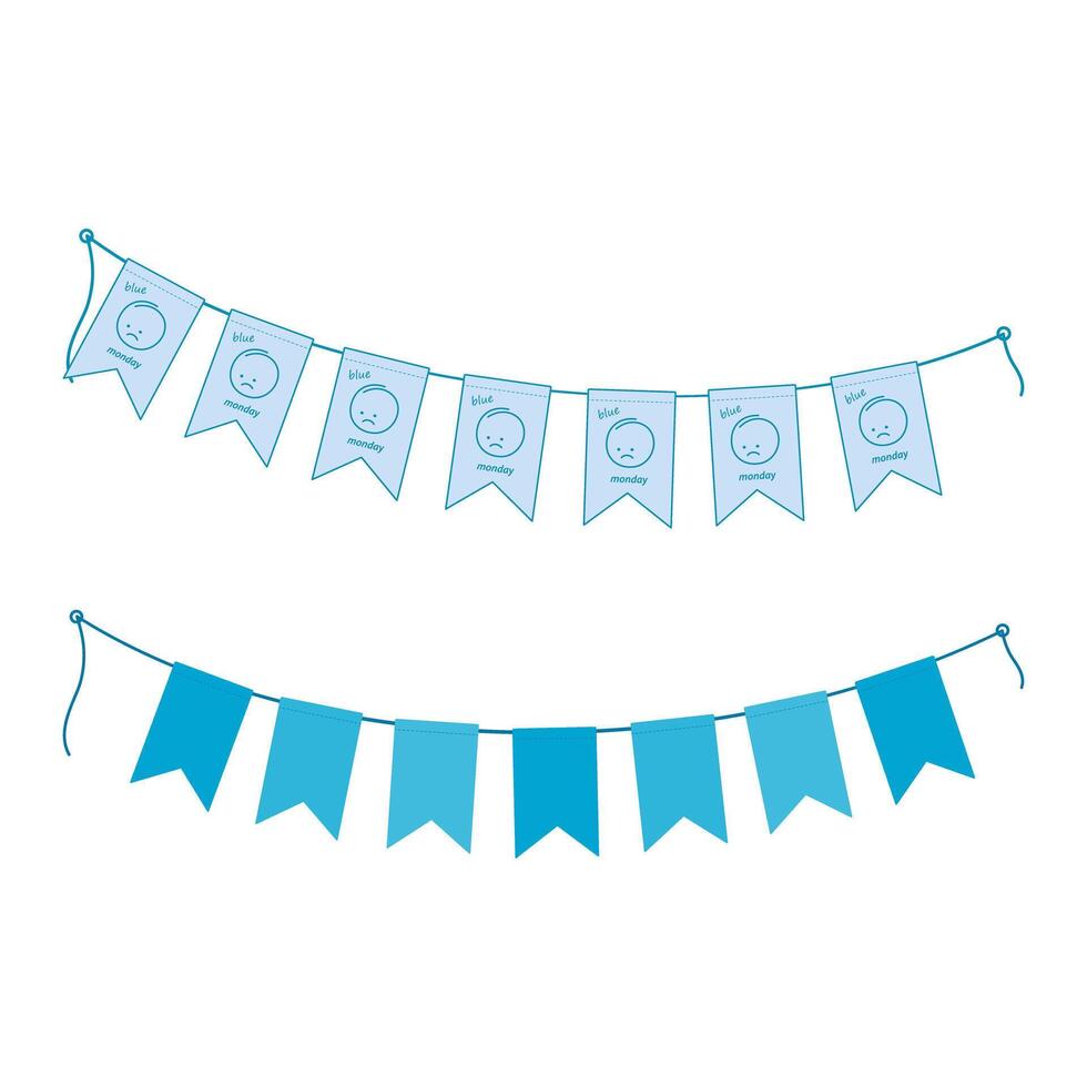 Garland pennants with sad emoticons and inscription blue monday and flags in trendy monochrome blue. Set of 2 Isolated illustration Cards, posters, banners, billboards, greetings, label or web vector