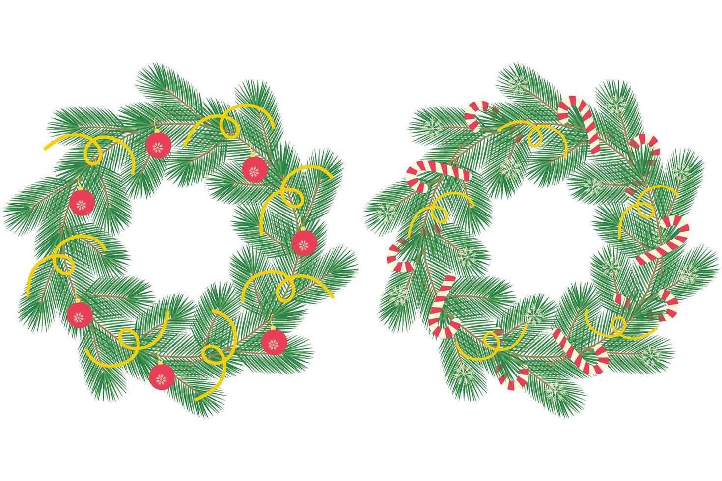 Christmas wreath Pine twigs decorated candy canes, snowflakes and streamers. New Year Circle Frames Set of 2 Template. Isolated illustration Lettering, cards, poster, flyer, label or web promo vector