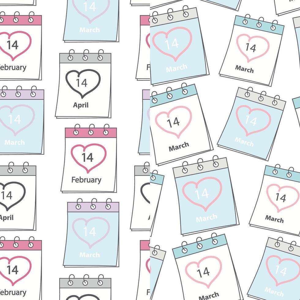 February, March and April 14 Calendar pages Seamless pattern with date and heart shape stroke Set of 2 Backgrounds. Isolated Wallpaper, wrapping or web, posters, banners, promo, label or tag vector