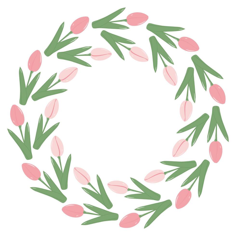 Tulips Circle border in trendy soft pink and green Round Frame with copy space. Spring template. Isolated illustration Thematic cards, posters, leaflets, banner, price tags, label or web promo vector