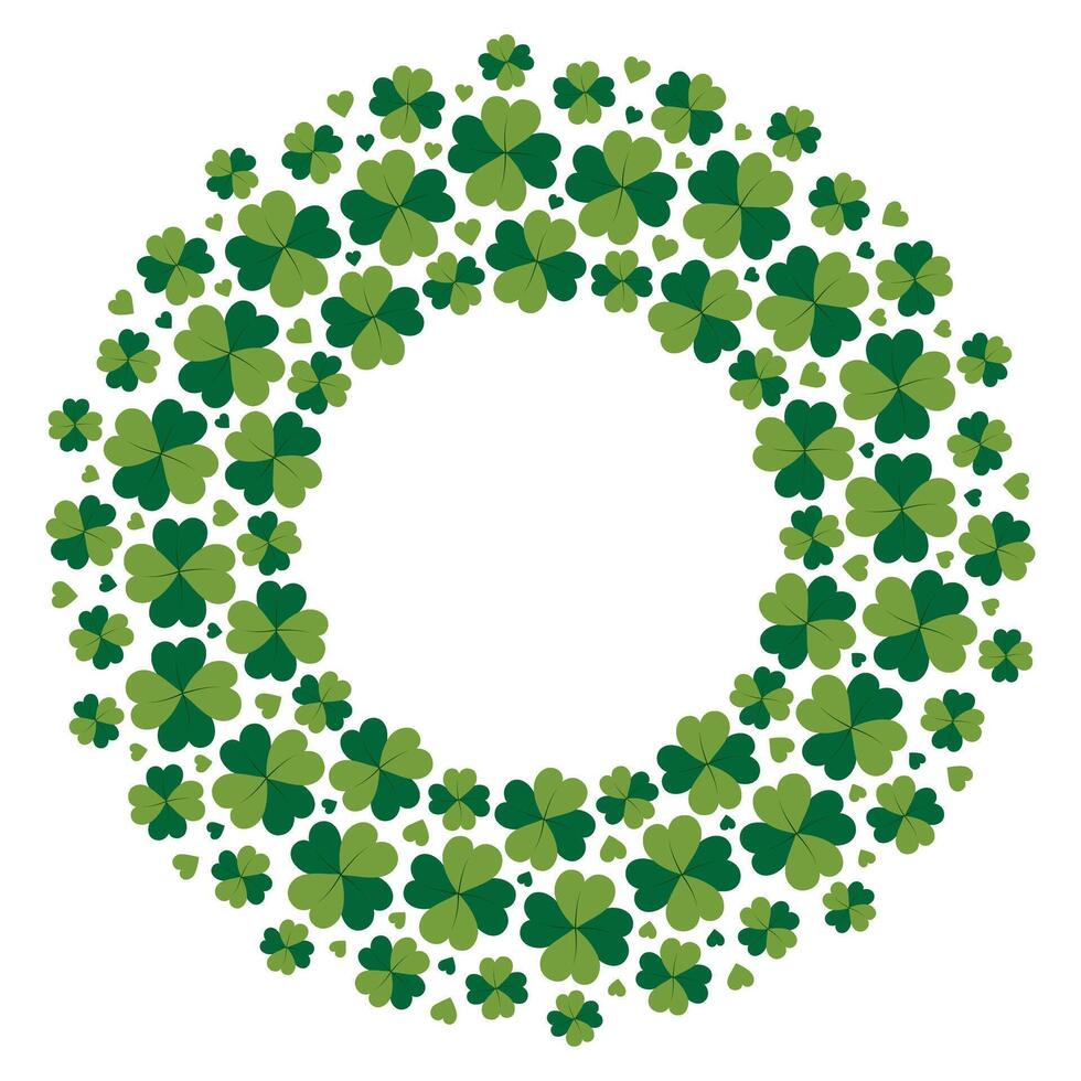 Clover quatrefoil and hearts different sizes Round Frame border in trendy green. St Patrick greeting. Isolated illustration Lettering, cards, posters, banner, price tag, label or web template vector