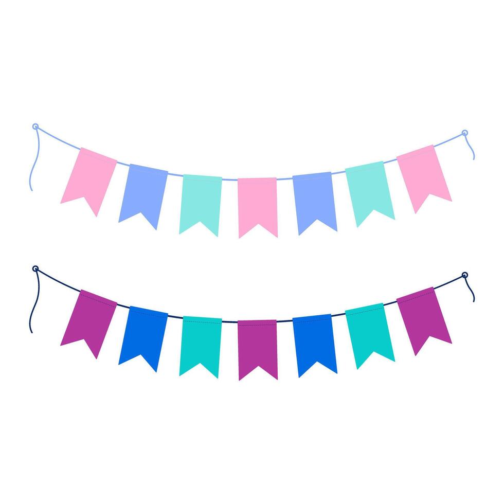 Pennants on a rope in trendy soft pink, mint, blue and bright fuchsia, blue and turquoise. Set of 2 Greetings design elements. Isolated illustration Cards, poster, leaflet, banner, price or web vector