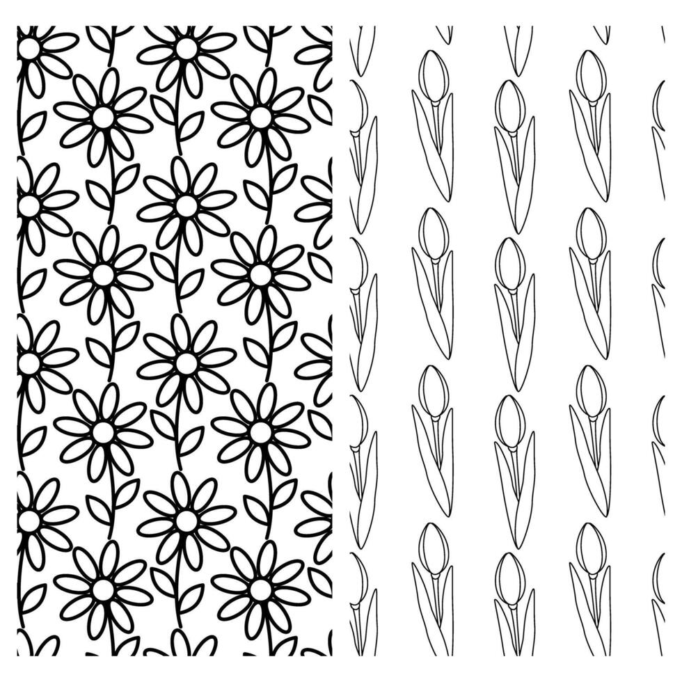 Outline hand drawn abstract flowers and tulips Seamless pattern. Spring background texture Set of 2. Isolated illustration Wallpaper, wrapping or web, cards, poster, banner, price tag, label vector