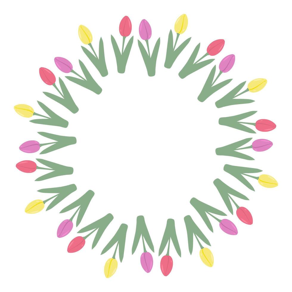 Colorful tulips Circle frame border in trendy soft colors. 8 March greeting card or leaflet Template. Copyspace. Isolated illustration Thematic cards, posters, banner, label, media or web promo vector