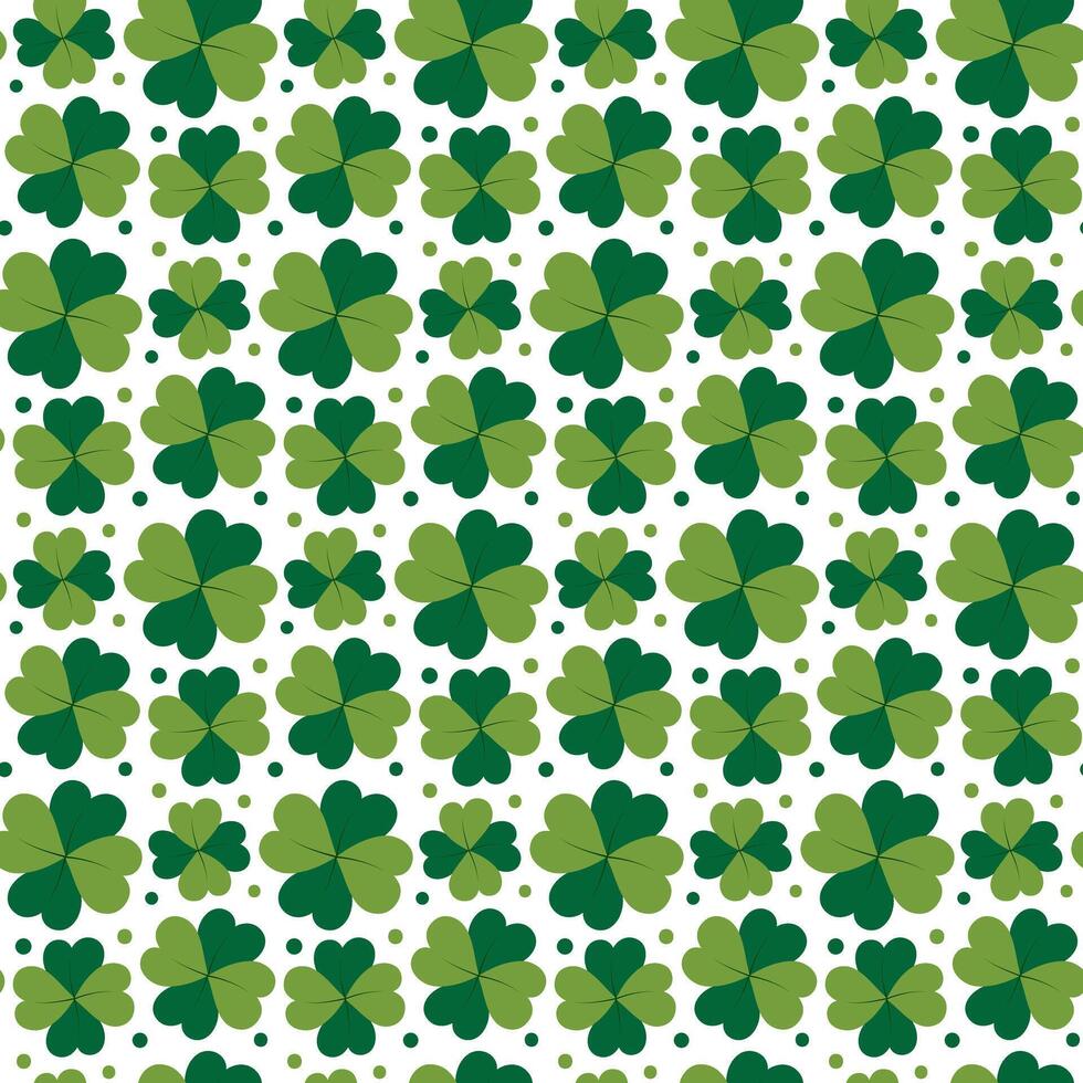 Clover Quatrefoil different sizes and dots Seamless pattern. St Patrick greeting wallpaper backdrop. Isolated illustration Lettering, Thematic cards, posters, banners, price tag, label or web vector