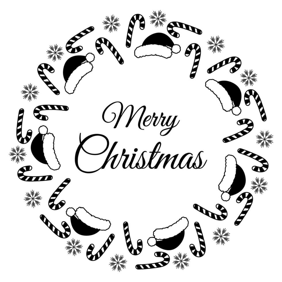 Candy Cane, Santa hat and snowflake and Merry Christmas lettering Round Frame in trendy doodle style. Isolated illustration Greeting card, invitation, poster, flyer, leaflet, label or web promo vector
