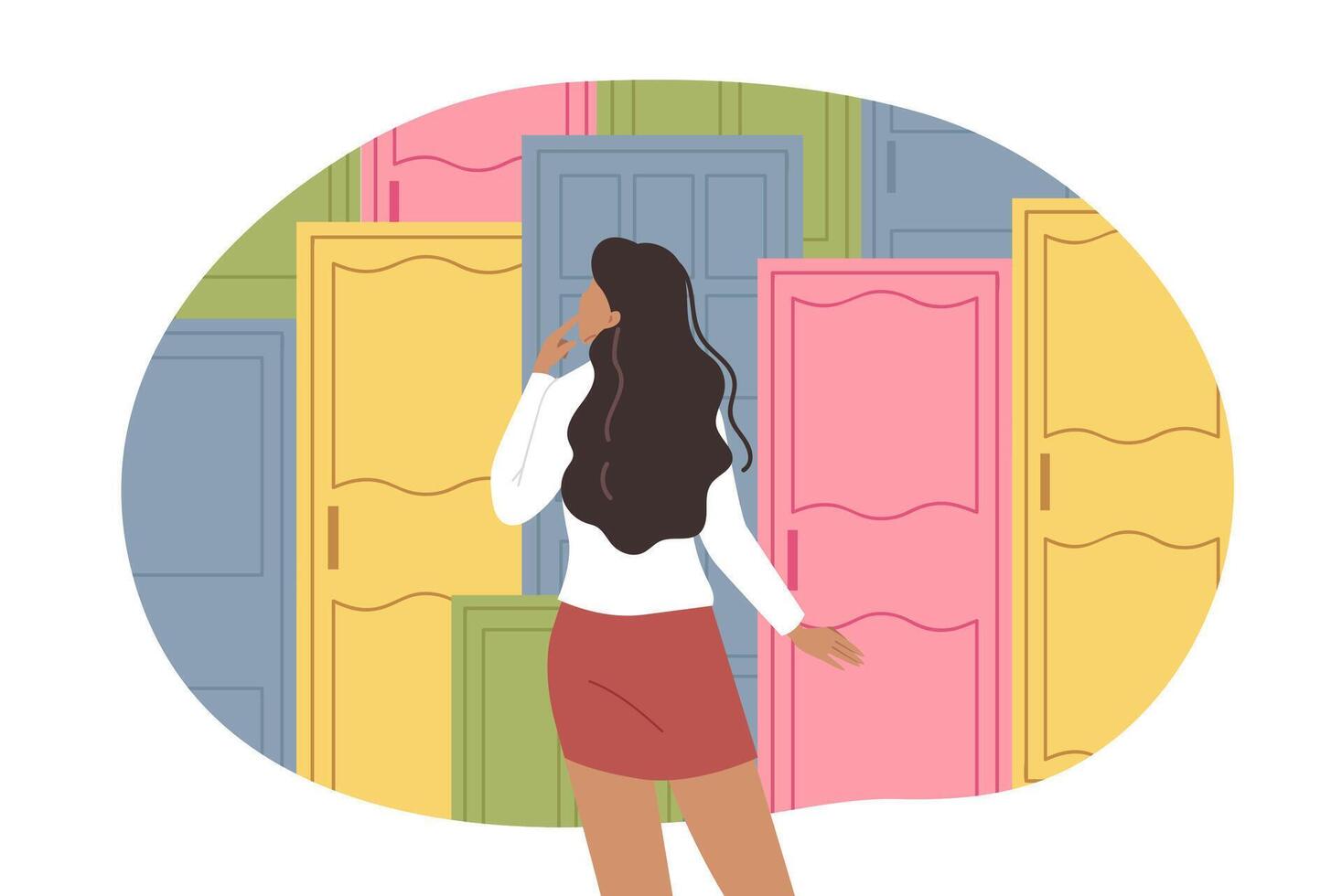 Difficult life choice faces woman standing near multi-colored doors in search of right path vector