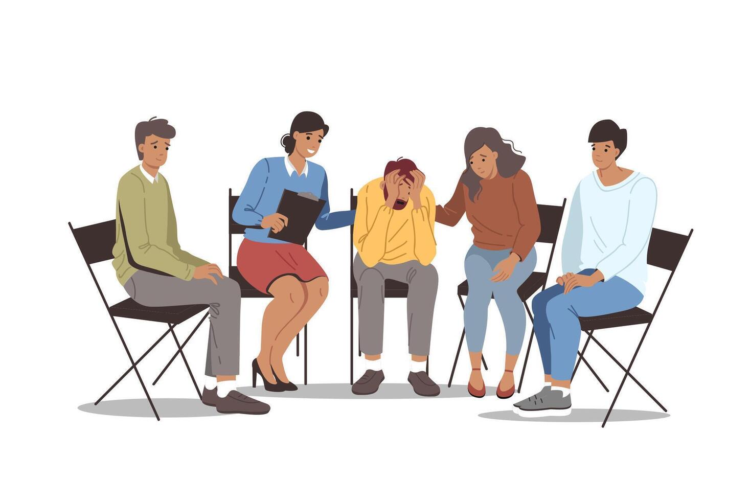 Group psychotherapy in alcoholics anonymous club, with team of people comforting upset man vector