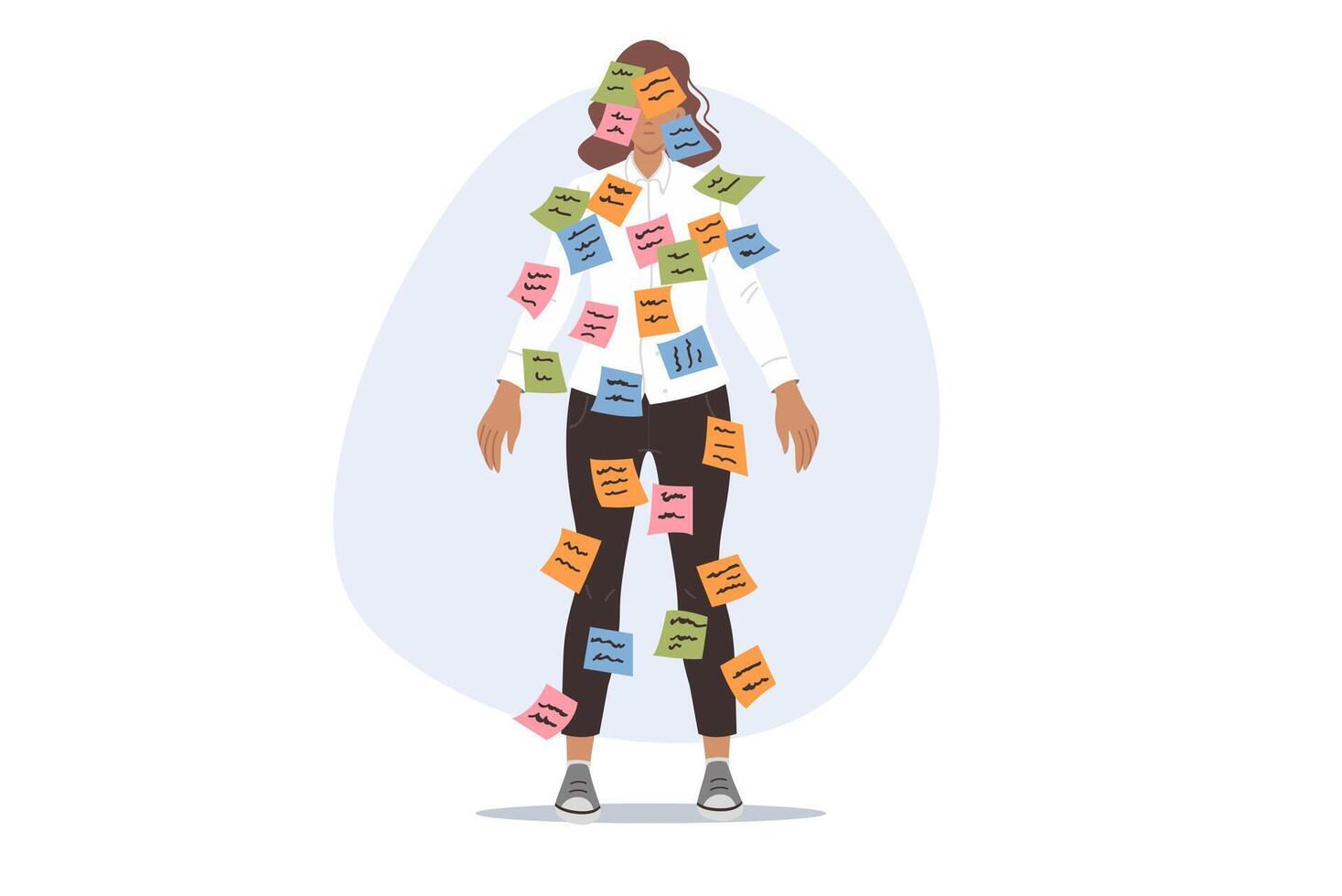 Importance of multitasking causes stress for business woman, with stickers on face and body vector
