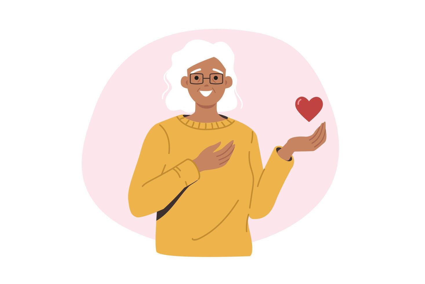 Kind elderly woman holds heart in hand and looks at screen smiling, calling for kindness and love vector