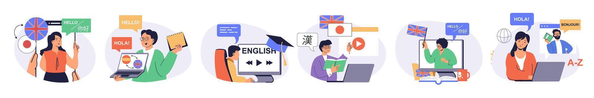 Studying foreign language concept set with characters in flat design for web. People learning english, spanish, japanese or other at online course or , talking with natives. illustrations. vector