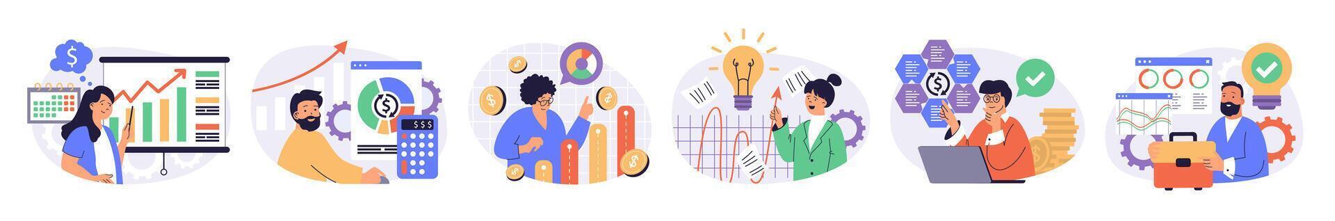 Business analytics concept set with characters in flat design for web. People analyzing data graphs with growth arrows, calculating financial diagram report, monitoring balance. illustrations. vector