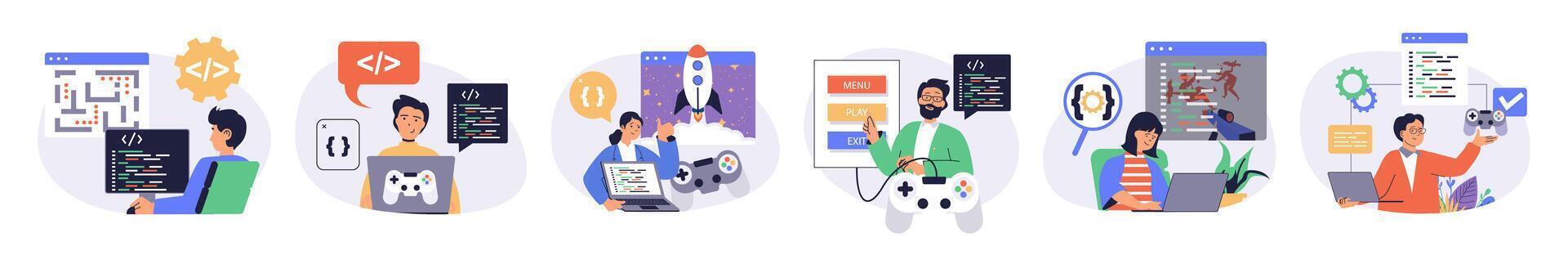 game developer concept set with characters in flat design for web. People write code for different computer games, programming at screens, testing interface with joystick. illustrations. vector