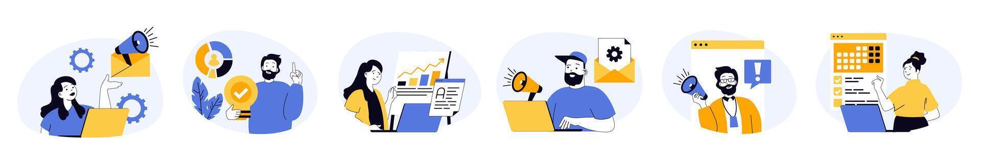 Marketing and development concept set with characters in flat design for web. People with megaphone making data analysis, creating promotion with content plan and advertising. illustrations. vector