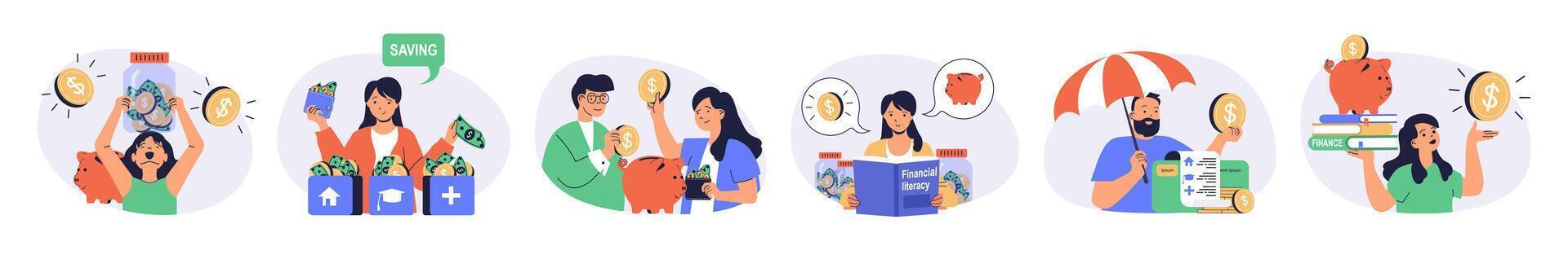 Financial literacy concept set with characters in flat design for web. People saving money in piggy bank, managing personal finance, investing money and using banking services. illustrations. vector