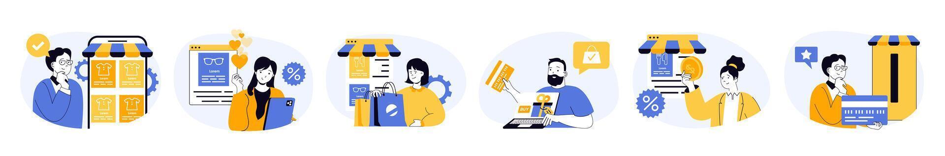 Mobile commerce concept set with characters in flat design for web. People making online order in internet store, doing purchases with discount prices and safe paying in app. illustrations. vector